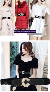 Detail view of elastic waist belts for women with rhinestone buckles on dresses