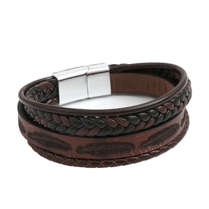 Men's multilayer leather bracelet with embossed feather patterns and magnetic silver clasp