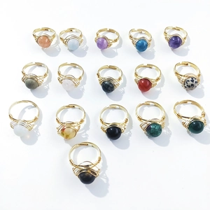 Handmade Wire Wrapped Natural Stone Ring Adjustable Gold Color Metal Bohemian Gemstone Jewelry For Women