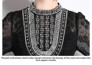 Détail de robe en dentelle noire avec broderie de paillettes sur le col montant