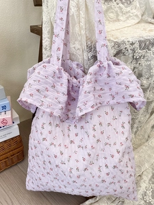 Floral chiffon tote bag with ruffle trim and long straps in light purple color