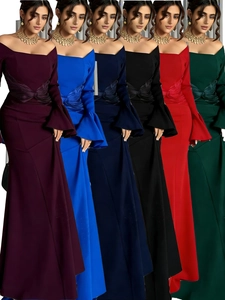 Elegant Off-the-Shoulder Long Sleeve Bell Cuff Evening Dress Pleated Waist Mermaid Floor-Length Wedding Party Gown