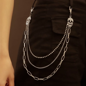 Silver multi-layer waist chain with rhinestone skull charms for jeans and skirts