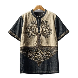 Vintage men's forest tree of life print shirt in beige and blue textured cotton linen