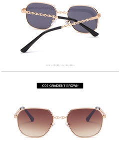 Detail of small square sunglasses with hollow chain metal temples and brown gradient lenses