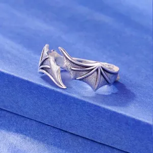 Gothic 999 sterling silver open ring featuring vintage bat wings design for men