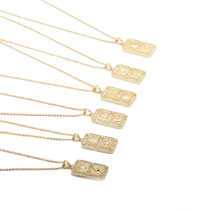 Gold Plated Copper Rectangular Pendant Necklace With Zircon Inlaid Star Moon Heart Symbols Minimalist Jewelry For Women