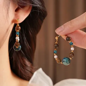 Bohemian tiger eye and pearl teardrop earrings with vintage gold metal accents for women