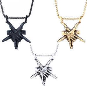 Stainless Steel Pendant Necklace Punk Gothic Devil Horn Hand Gesture Rock Baphomet Goat Head Pentagram Retro Jewelry
