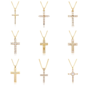 Fashion Copper Rhinestone Cross Pendant Necklace For Women European American Style Gold Plated Religious Choker Jewelry Gift