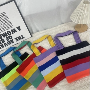 Knitted Tote Bag Rainbow Striped Polyester Shoulder Handbag Casual Spliced Colorful Woven Shopping Purse For Women