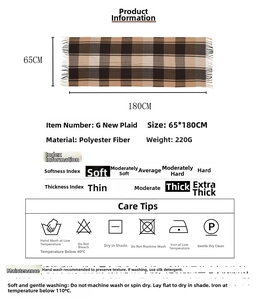 Detail showing polyester plaid scarf specifications, 65x180cm size and 220g weight info