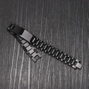 Polished 15mm black stainless steel watch band bracelet for men with a secure fold-over clasp