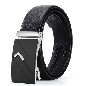 Men's black leather belt with silver automatic buckle and lychee grain texture