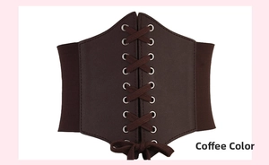 Detailed view of coffee brown vintage lace-up corset belt with metal eyelets and elastic band