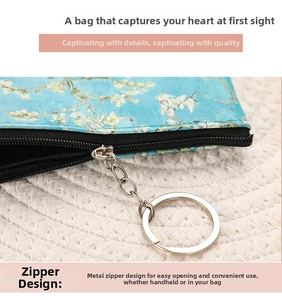 Close-up of oil painting coin purse with durable metal zipper and silver chain detail