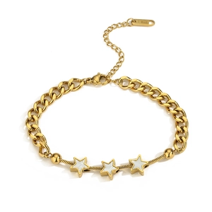 Gold plated stainless steel star bracelet featuring shell inlay and double chain design