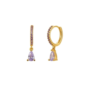Detailed macro view of S925 engraved gold-plated earrings with purple pear-cut crystals