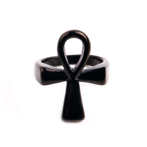 Detailed view of black polished Ankh cross ring with smooth mirror finish surface