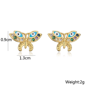 Detailed view of colorful zircon butterfly studs in gold finish with dimensions 0.9x1.3cm