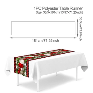 Polyester Christmas table runner showing 35.5x181cm size guide and product texture