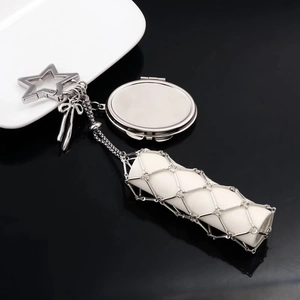 Silver mesh lipstick holder keychain with bow pendant and mini mirror for women