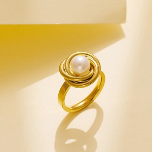 Minimalist 18k gold plated titanium steel ring with a central white pearl inlay