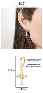 Detailed size specifications for gold and silver cross drop earrings with pave zircons