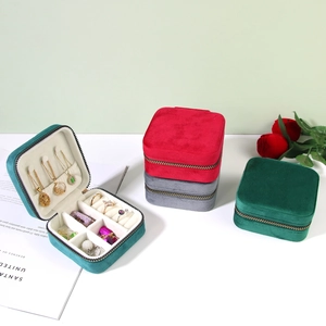 Luxury velvet jewelry organizer box with zipper and multi-compartment storage layout