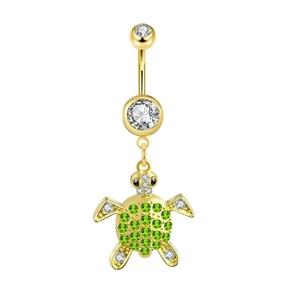 Golden turtle belly ring featuring vibrant green and white cubic zirconia gemstones