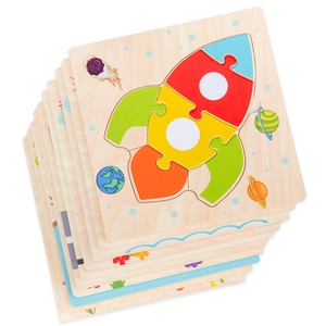 Stack of colorful wooden rocket puzzles for kids to learn shapes and colors on white background