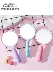 Pastel handheld makeup mirrors with cute cat ear frames in purple, blue, and pink colors