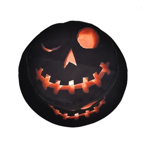 Halloween bucket hat with orange pumpkin face print on black reversible sun protection cap