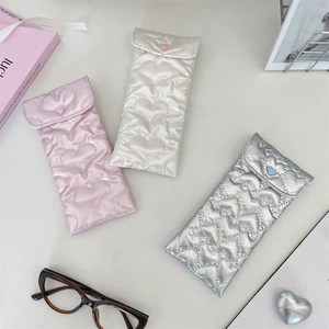 Quilted heart PU leather sunglasses pouch in pink white and silver with bow detail