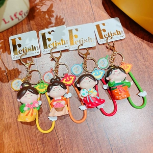 Set of four cute Tang Dynasty cartoon dolls as hanfu style keychains with charms
