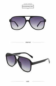 Front and side views of classic black pilot sunglasses with purple gradient lenses