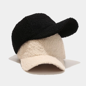 Plush lamb wool baseball caps in black and beige, warm winter hats for women