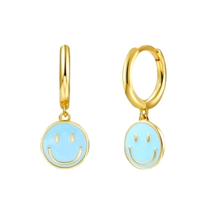 Pendientes de aro dorados de plata S925 con colgantes de carita sonriente esmaltada azul