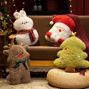 Set of 4 plush Christmas pillows featuring Santa, Reindeer, Snowman, and Tree