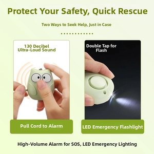 Detail of 130dB mint green personal alarm showing pull-pin activation and LED light button