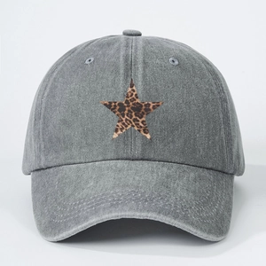 Classic grey washed cotton baseball cap with a stylish leopard print star patch for outdoor wear
