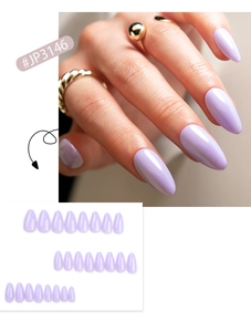Close-up of almond-shaped lilac press-on nails with shiny finish in 24-piece full set