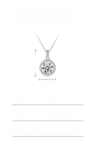 Detailed dimension guide for S925 sterling silver halo pendant with round moissanite stone