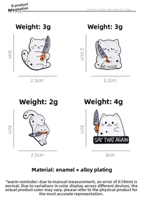Detailed view of white cat enamel pins with knife meme designs and weight measurements