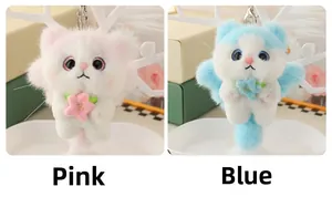Close-up of cute plush cat keychains in pink and blue with soft texture and metal clips
