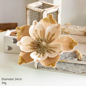 Detail of 24cm champagne velvet Christmas flower with gold glitter and dimensions