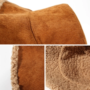 Caramel corduroy winter bucket hat for women with warm beige faux fleece lining