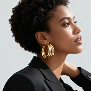 Model wearing gold layered geometric hoop earrings paired with a professional black suit