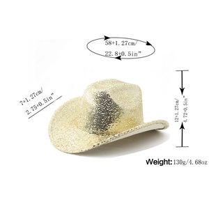Detailed size specifications for the gold sequin cowboy hat with precise measurements