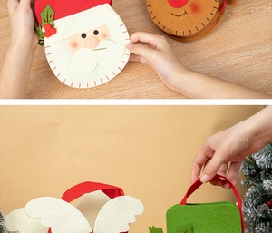 Detailed close-up of thickened felt Christmas gift bags featuring Santa and reindeer designs
